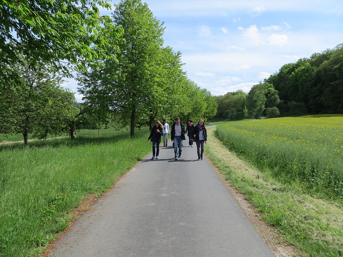Spaziergänger umgeben von grüner Landschaft