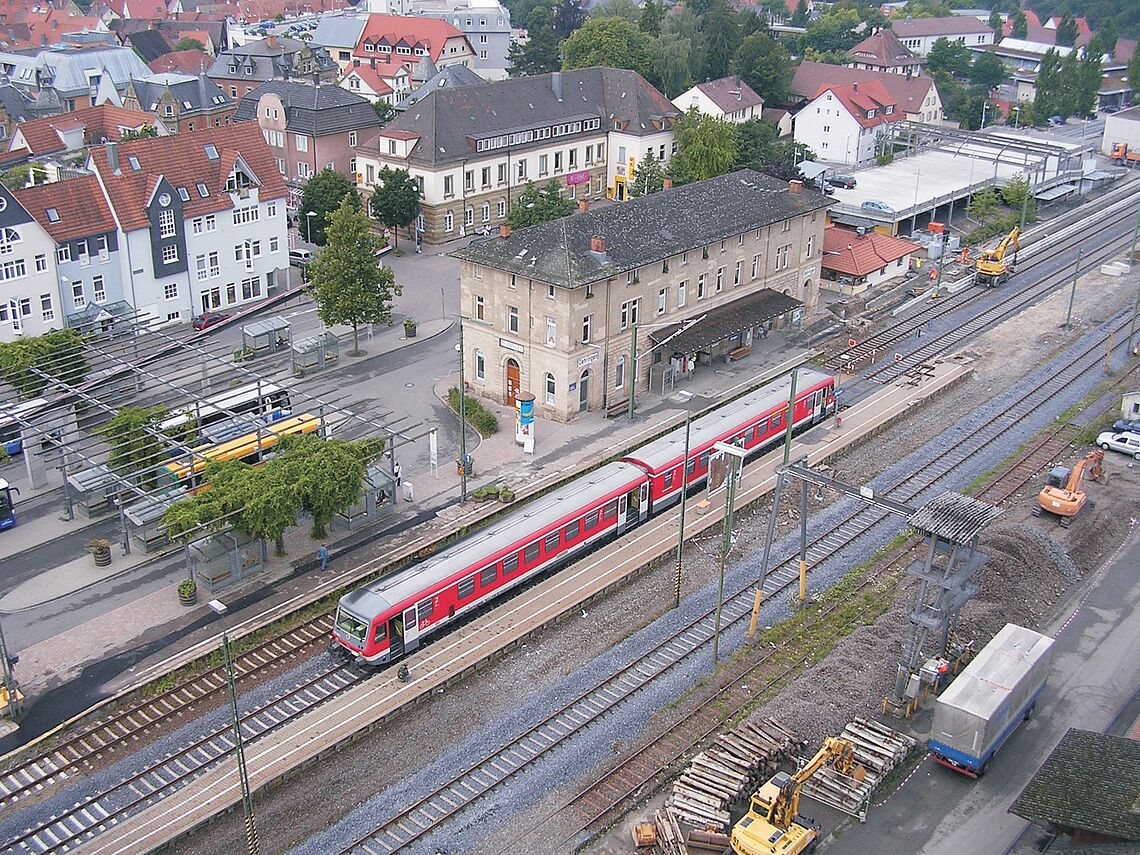 Blick vom Getreidesilo auf den Bahnhof Öhringen